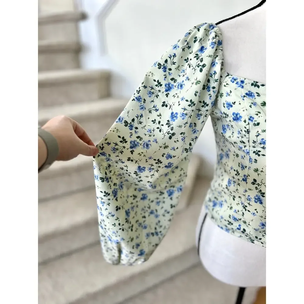 Abercrombie Light Green & Blue Ditzy Floral Puff Sleeve Cottagecore Blouse